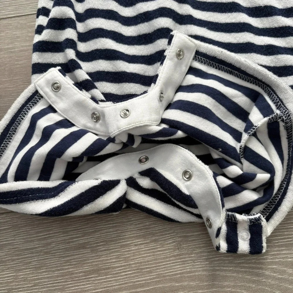 Snapper Rock Kids Navy‎ Blue White Stripe Pocket Hooded Romper 6-12 Months